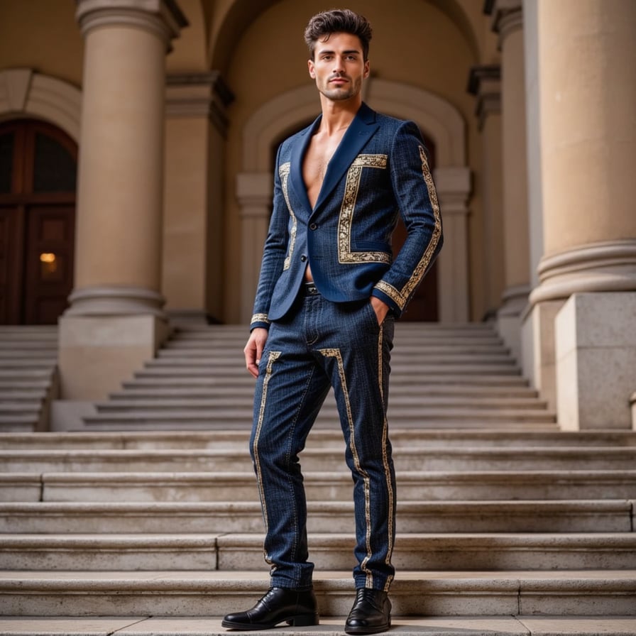 A sustainable couture outfit for a man made entirely of upcycled denim, glass shards, and recycled metal, with street-style edge and red carpet glam