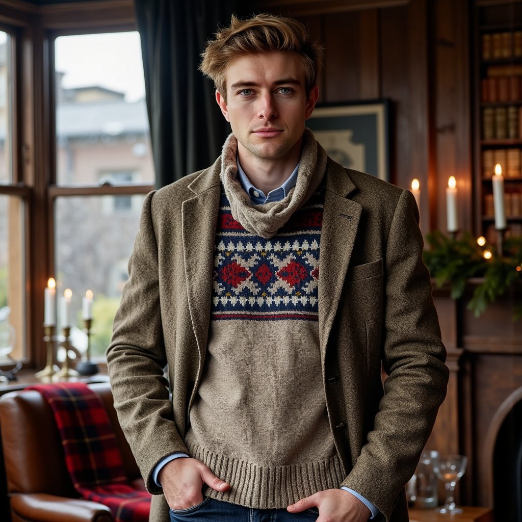 Man standing near a mullioned window, body angled 30° from camera, eyes to lens, calm expression. Hairstyle: side-part with light pomade, neatly trimmed beard. Attire: heritage Fair Isle wool sweater layered over an Oxford shirt; tweed sport coat draped over shoulders; wool scarf loosely looped. Fabric details: jacquard knit definition, tweed herringbone, oxford weave. Camera: slightly above eye-level, 50mm, f/2.2. Lighting: cool daylight key through window + warm bounce from room for mixed-temperature holiday glow. Background: blurred evergreen boughs, leather-bound books, subtle tartan throw on a chair; minimal objects, no clutter. Pose: one hand lightly touching scarf edge. Render: highly detailed, highly realistic, HDR; crisp knit pattern; lifelike eye catchlights.
