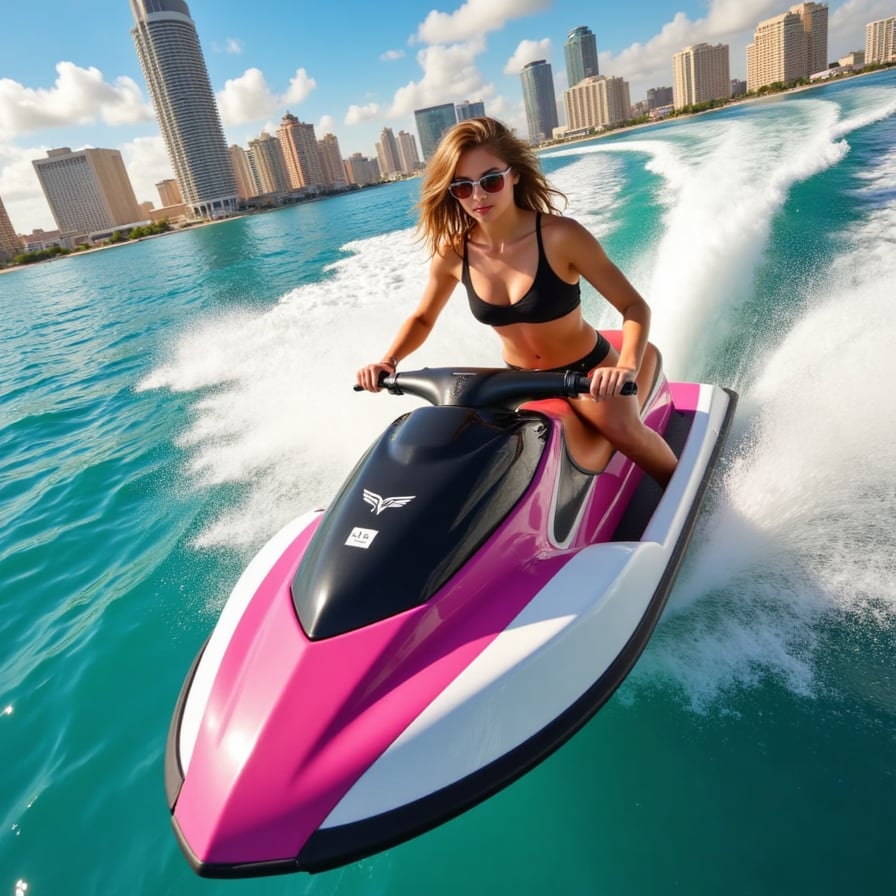 A high-action scene featuring a character on a jetski slicing through turquoise waters. Stylized water splashes arc into the air with cinematic clarity, while reflective highlights shimmer across the wet surface. Every droplet is rendered in motion, with dynamic lighting capturing the force and fluidity of high-speed movement. Inspired by Rockstar Games — Vice City style.