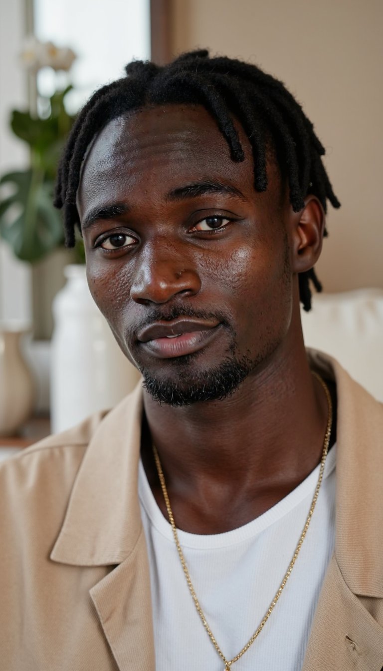 A realistic lifestyle portrait of a person in casual clothing on New Year morning, clean interior, soft neutral colors, relaxed posture, minimal props, fresh start mood, ultra-realistic, highly detailed, HDR