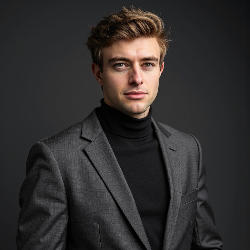 man confidently positioned in a wide-angle shot, dressed in a sharp, tailored suit that accentuates his form. Soft, cinematic lighting intricately defines the texture of his attire and the contours of his face, creating a polished and dramatic scene against a dark gradient background. His charcoal gray turtleneck sweater enhances an elegant, deliberate posture, with his chin slightly raised, as the studio's soft, directional lighting sculpts his features, casting subtle shadows that highlight the contours of his face, all against a seamless, deep slate grey backdrop.