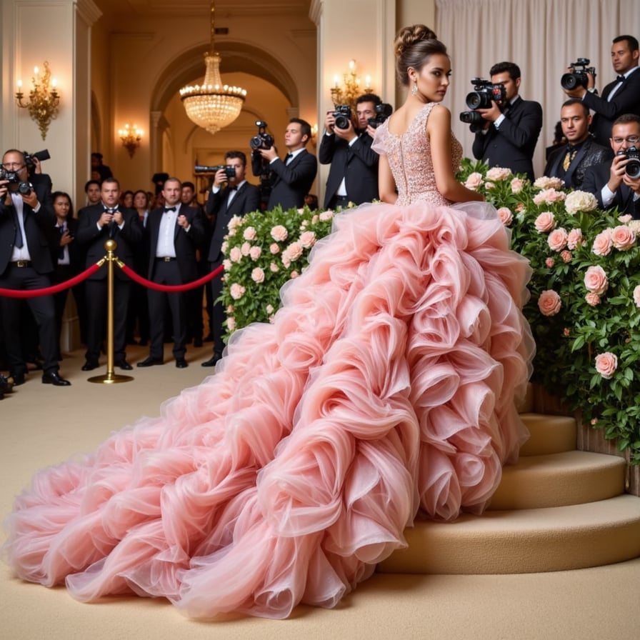 A floral explosion gown for Met Gala: oversized rose petals forming the dress structure, pastel gradients, and a butterfly-winged veil
