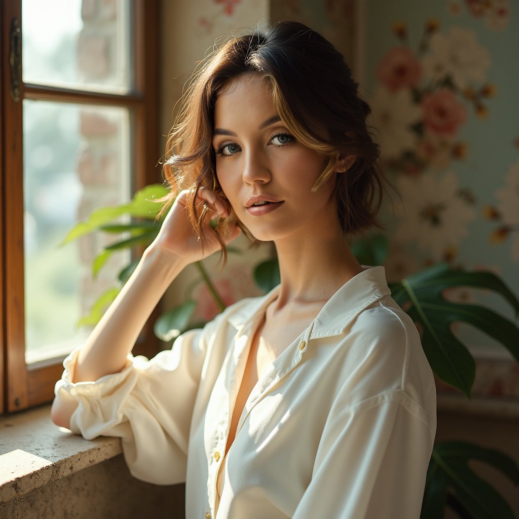 A vintage fashion photoshoot of an attractive woman in the style of Vogue, and a white blouse under natural lighting with soft shadows and pastel colors. The photo was shot with a Canon EOS R5 camera and received professional color grading, and depth of field., cinematic, cinematic lens flare, high quality., high resolution photography, in a candid pose, in the style of cinematic light, looking at the camera, natural skin texture, resembling magazine photography., soft focus, ultra detailed, warm tones