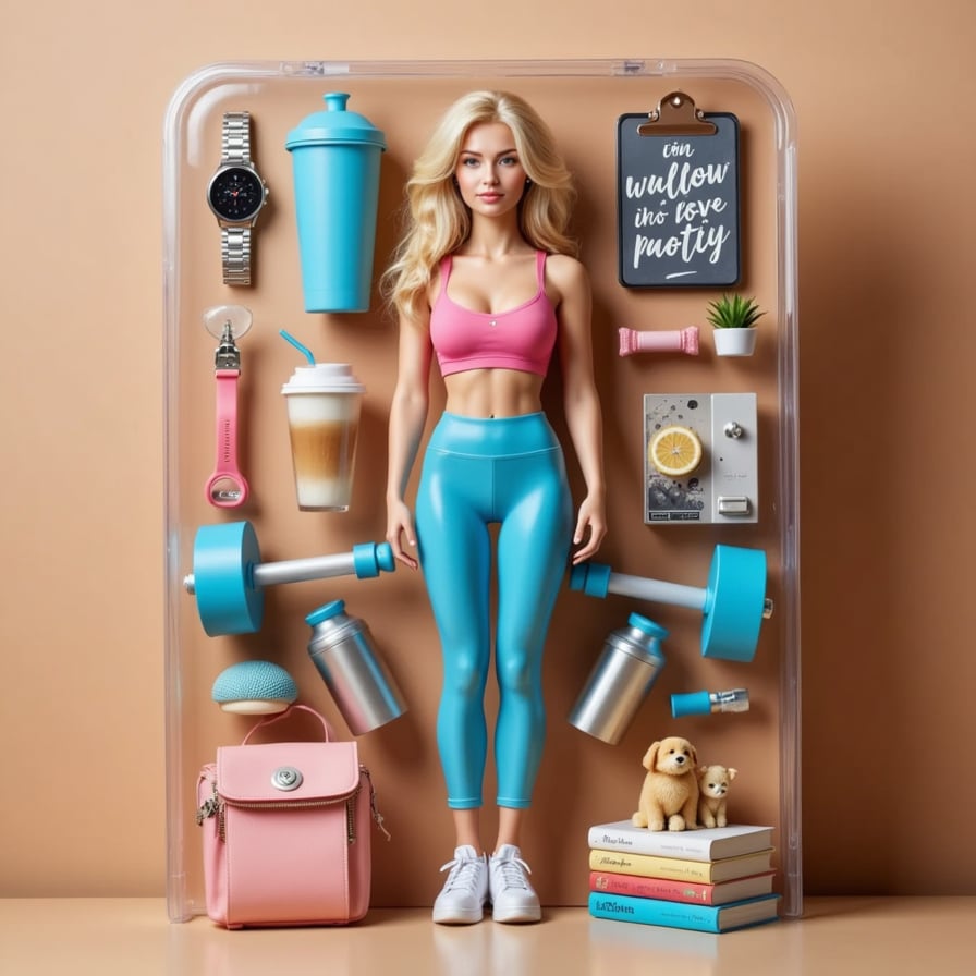 Decked in bold-colored gym wear, this figure strikes a power pose next to a set of dumbbells, protein shaker, smartwatch, and motivational quotes.
