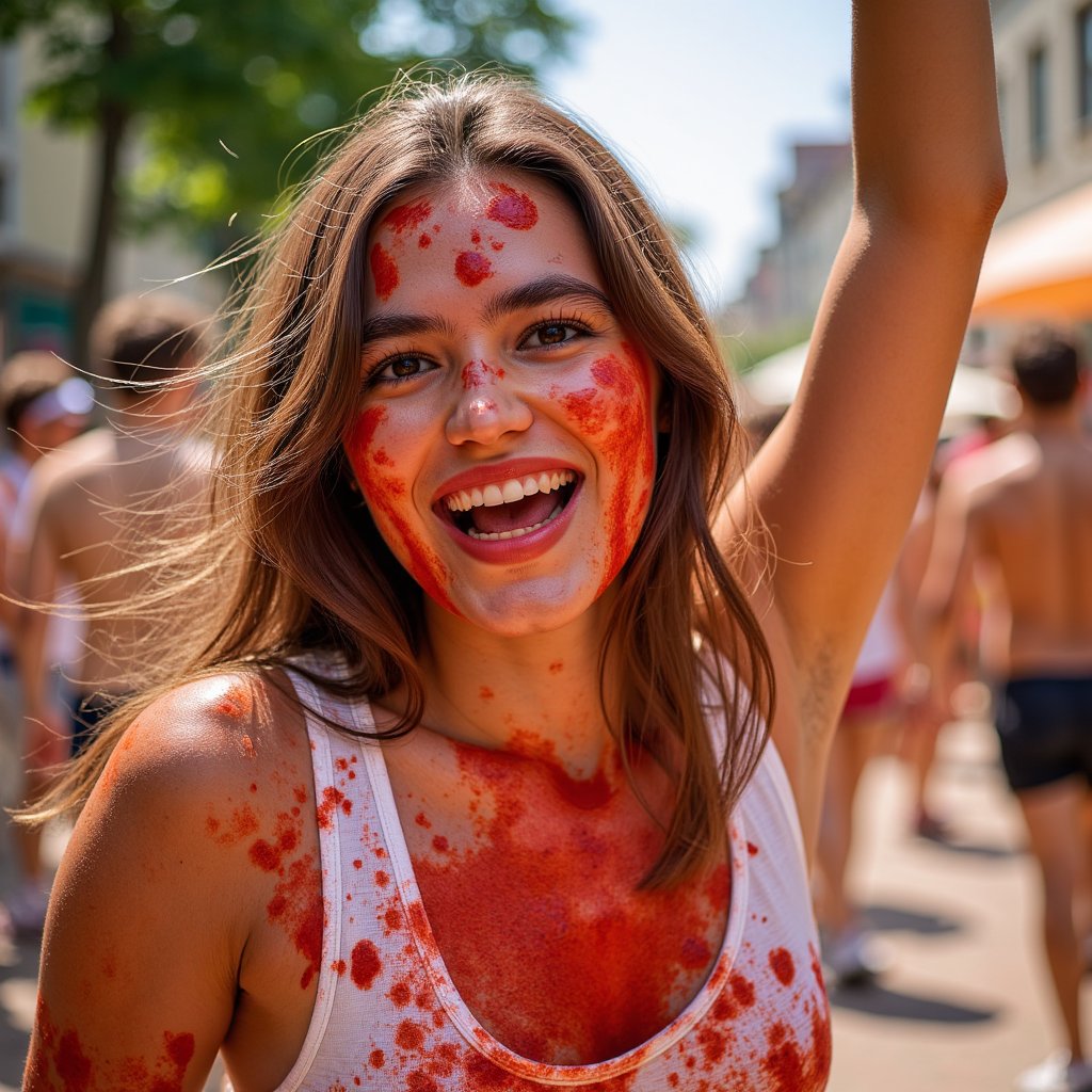 Knee-up portrait of a woman in a white tank top soaked with tomato sauce, one hand raised mid-throw, sunny outdoor light, La Tomatina energy
