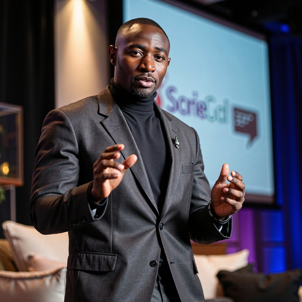 Highly realistic, highly detailed HDR image of a man keynote speaker on stage; charcoal blazer over a fine black turtleneck, small clip-on lav mic. Camera: 135mm lens, f/2.0, ISO 800, chest-up angle from audience perspective. Lighting: overhead spot as strong key, cool backlight rim highlighting shoulders, faint fill from stage floor bounce; believable shadows across backdrop. Pose: mid-gesture with open hands, animated expression as if addressing audience. Background: blurred LED screen with abstract graphics, minimal clutter.