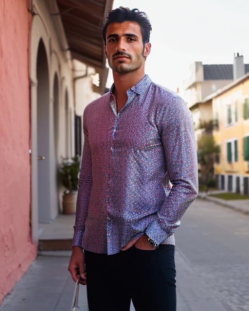 Trendy city dweller, sleek outfit, modern skyscrapers in the background.