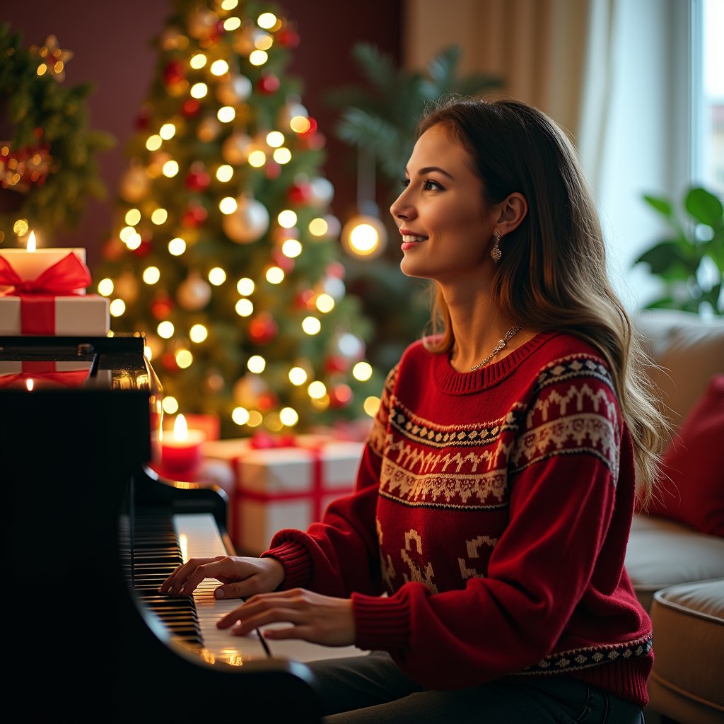 woman in a festive holiday sweater, sitting at a grand piano, surrounded by twinkling Christmas lights and decorations, playing Christmas music with a joyful expression, in a cozy living room setting with a Christmas tree in the background.