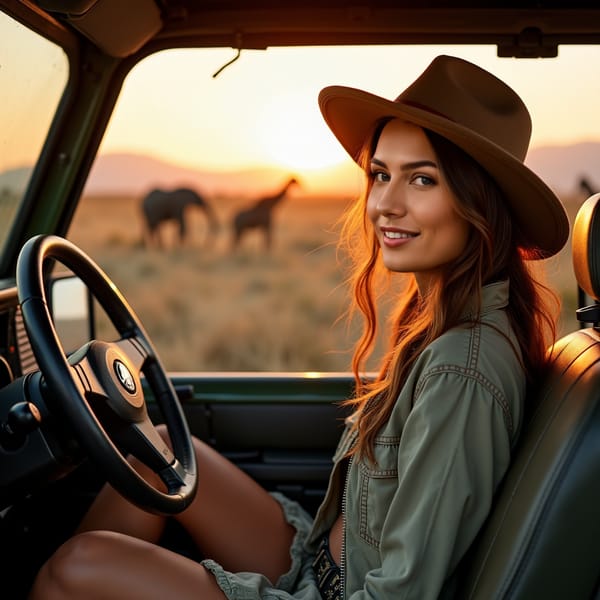 woman with enticing allure, donned in a trendy outdoor outfit, behind the wheel of a rugged jeep, set against a breathtaking savannah backdrop with giraffes and elephants roaming freely in the distance, under the warm golden light of an African sunset.