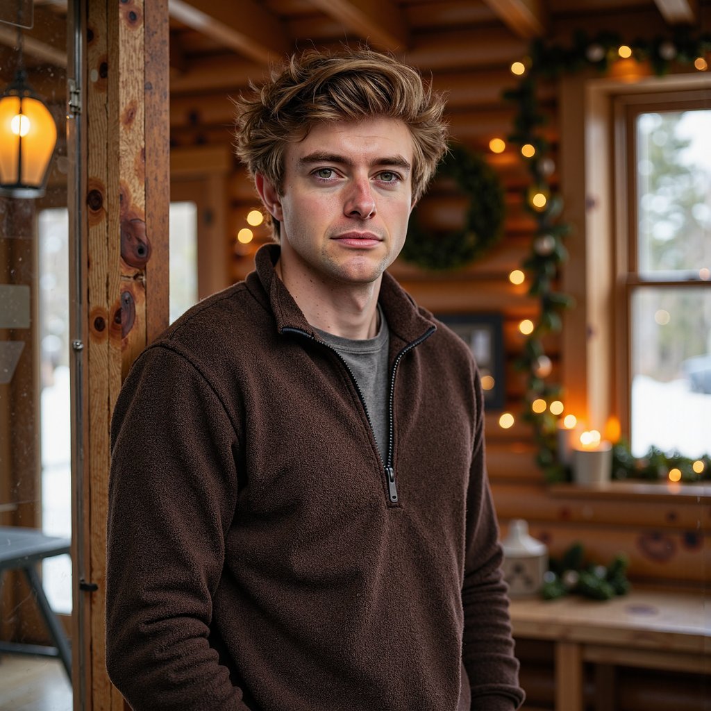 Waist-up portrait of a man inside a wooden cabin decked with subtle Christmas décor. He leans lightly against a wooden beam, hands relaxed at his sides, calm stillness. He wears a dark brown lambswool quarter-zip sweater with visible fiber fuzz, zipper glinting softly.
Hair: messy textured waves; short beard.
Lighting: warm cabin lantern light from camera-left, with a cooler outdoor window glow from behind for contrast.
Background: blurred cabin shelves with pine garland and a couple of minimal ornaments; clean, uncluttered, warm tones.
Camera: 70mm f/2, slight upward angle to add cabin grandeur; highly detailed, highly realistic, HDR showcasing wool texture and wood grain.