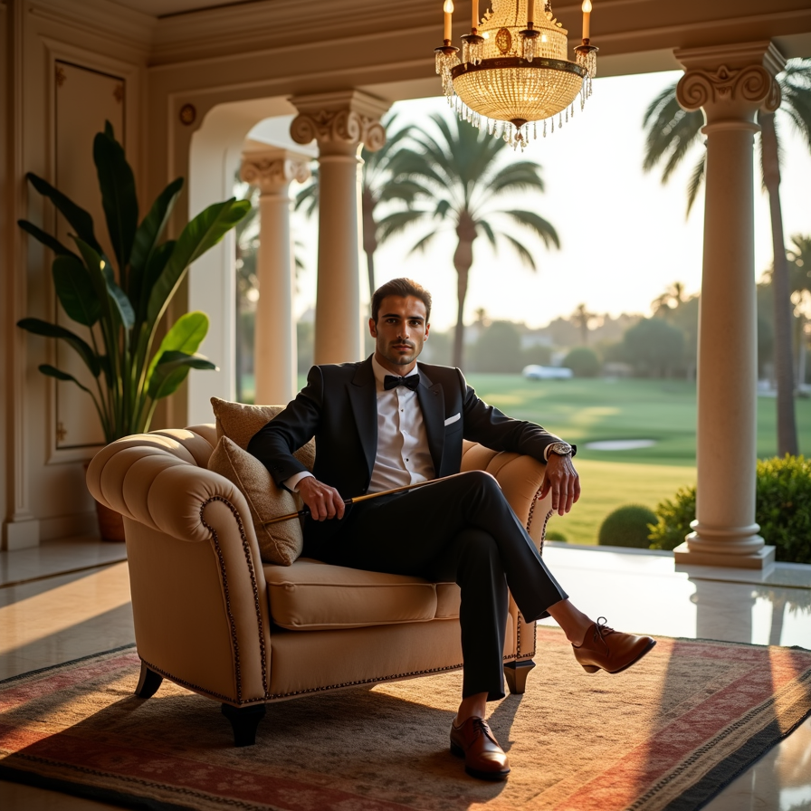 man wearing a tailored golf polo shirt and luxury golf shoes, posing with a golf