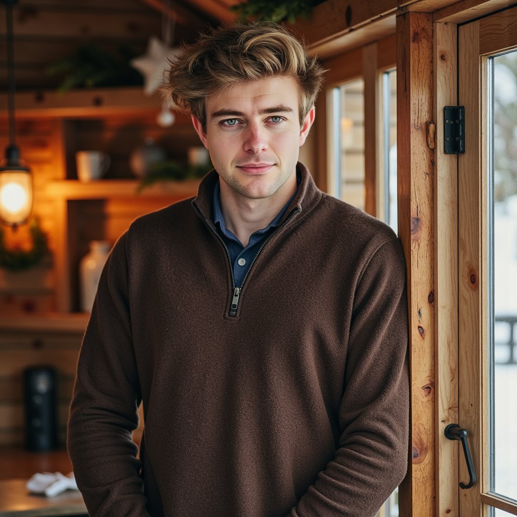 Waist-up portrait of a man inside a wooden cabin decked with subtle Christmas décor. He leans lightly against a wooden beam, hands relaxed at his sides, calm stillness. He wears a dark brown lambswool quarter-zip sweater with visible fiber fuzz, zipper glinting softly.
Hair: messy textured waves; short beard.
Lighting: warm cabin lantern light from camera-left, with a cooler outdoor window glow from behind for contrast.
Background: blurred cabin shelves with pine garland and a couple of minimal ornaments; clean, uncluttered, warm tones.
Camera: 70mm f/2, slight upward angle to add cabin grandeur; highly detailed, highly realistic, HDR showcasing wool texture and wood grain.