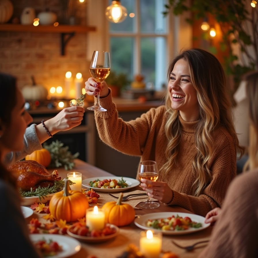 A young woman sitting at a cozy Thanksgiving table with friends, raising a glass of wine in a cheerful toast. The room is softly lit with candles, and the table is decorated with small pumpkins, leaves, and seasonal dishes. Laughter and joy are shared among friends in a comfortable, homey setting.