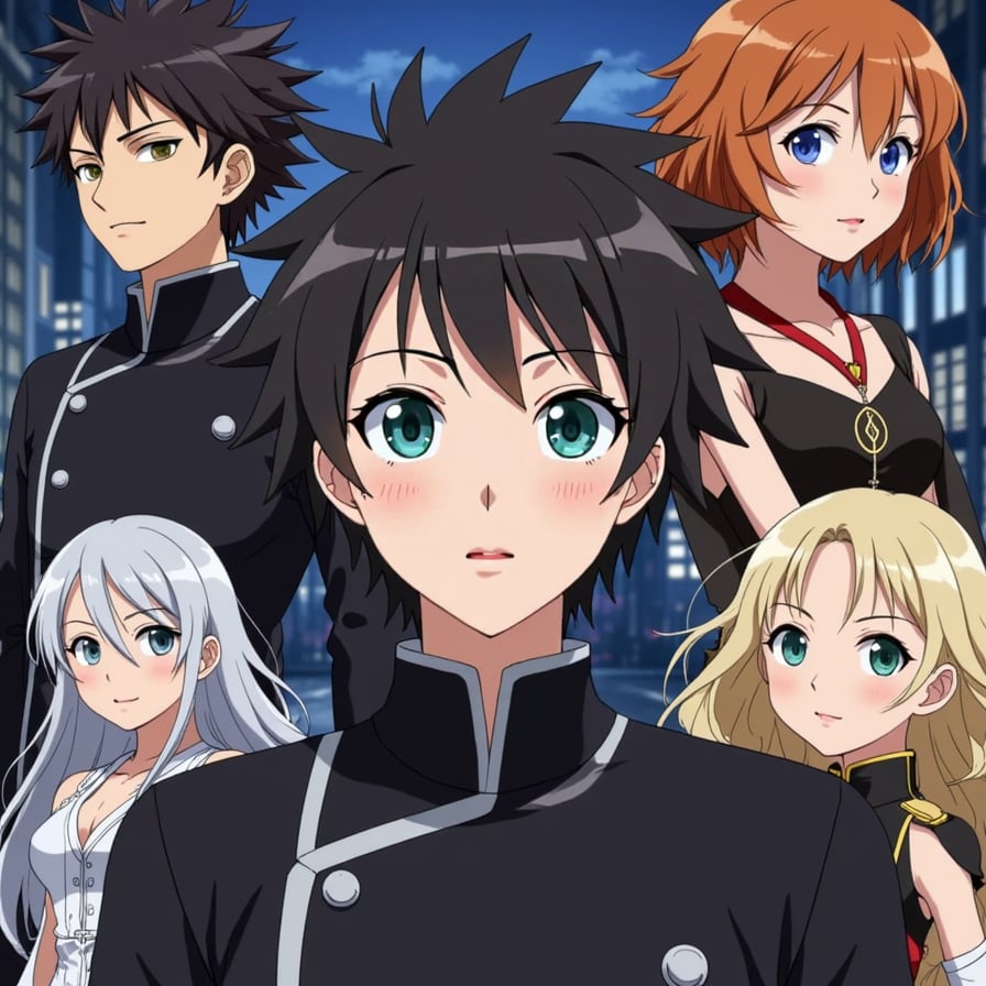 Here are some prompts for anime-style portraits:

* young man with spiky black hair and piercing blue eyes, wearing a sleek black uniform with a silver pin on his lapel, against a dark cityscape at dusk
* beautiful woman with long, flowing silver hair and piercing emerald green eyes, dressed in a elegant white and gold kimono, standing in a serene Japanese garden
* brooding man with short, messy brown hair and intense brown eyes, wearing a worn leather jacket and ripped jeans, leaning against a gritty urban alleyway at night
* vibrant young woman with curly orange hair and bright, shining eyes, dressed in a colorful Harajuku-inspired outfit, posing against a bright, neon-lit Tokyo street
* stoic man with short, slicked-back black hair and piercing gaze, wearing a sharp black suit and tie, standing in a modern, high-tech laboratory
* charming woman with long, wavy black hair and playful, mischievous eyes, dressed in a flowing black and red dress, lounging against a luxurious, ornate throne
* intense young man with spiky white hair and blazing red eyes, wearing a sleek black and silver jumpsuit, posed against a dramatic, apocalyptic landscape
* elegant woman with short, stylish silver hair and calm, insightful eyes, dressed in a refined, high-collared white dress, standing in a serene, minimalist room
* charismatic man with wild, curly blond hair and captivating blue eyes, wearing a flashy, showy costume, posing against a vibrant, dynamic stage backdrop