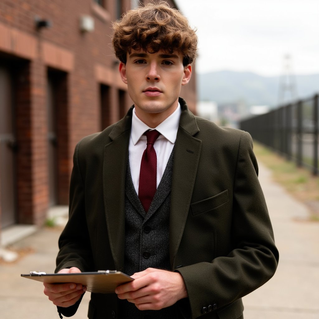 Wide shot, 28 mm f/3.5, natural light. Man in late 30s, fair skin, curly brown hair under control with gel. Olive blazer, white dress shirt, sturdy brown boots. Holding clipboard, standing near industrial site fence. Lighting: bright daylight with soft shadows. Background: blurred industrial structures.