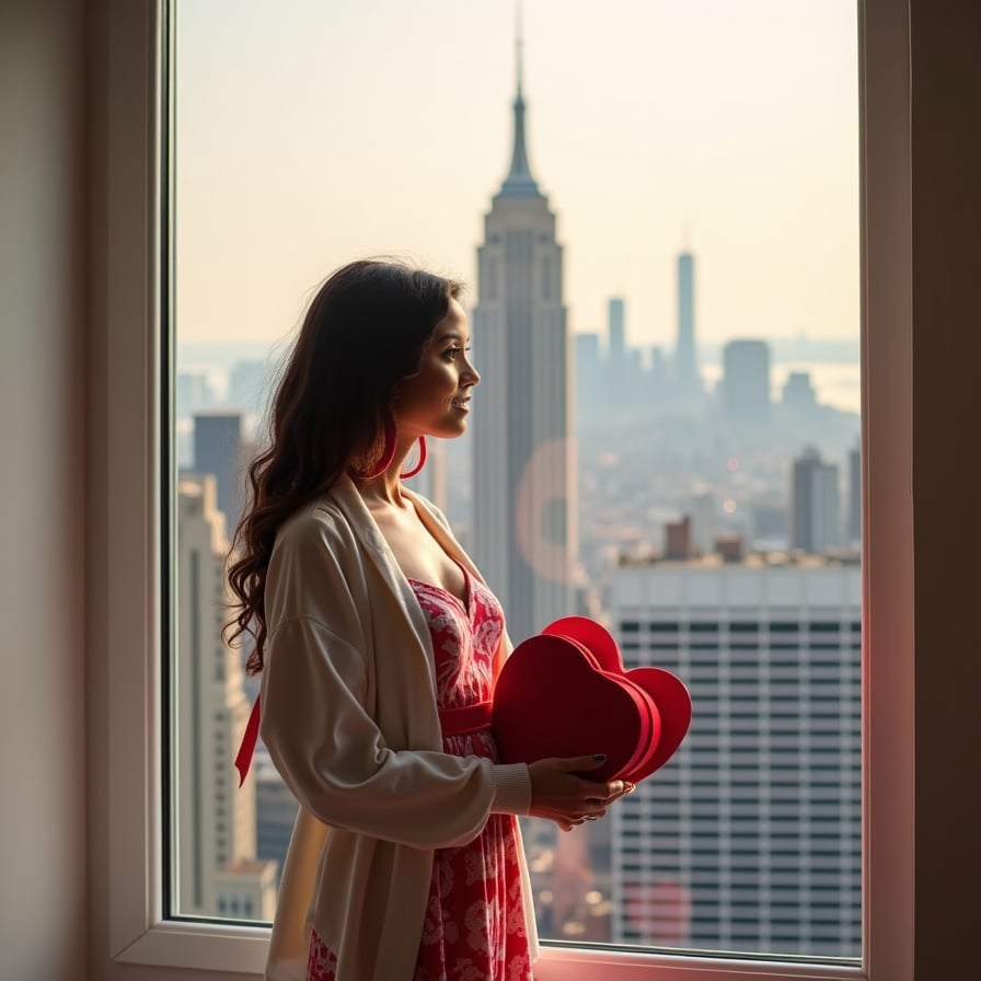 A model standing by a window with a romantic city skyline view, holding a heart-shaped gift box, dressed in a red and white outfit with Valentine's-themed accessories.