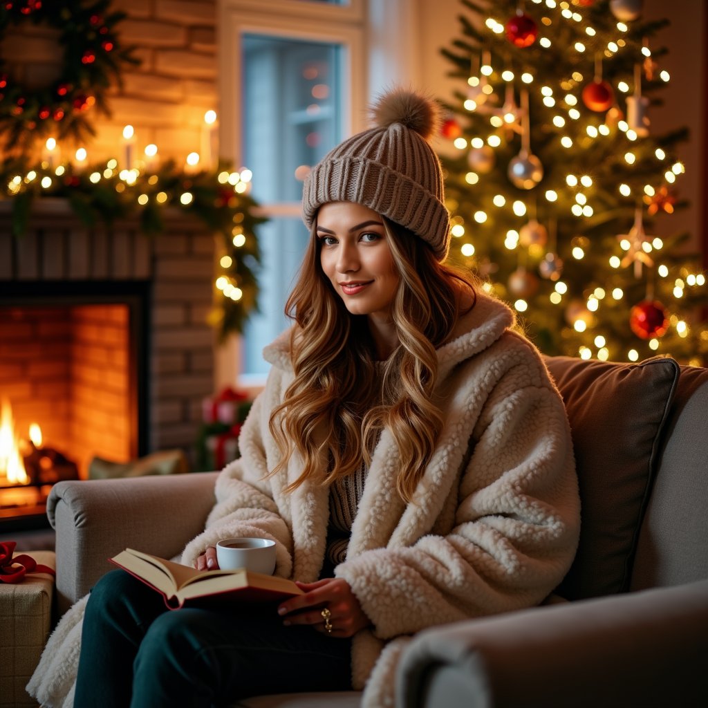 woman in cozy winter attire, adorned with festive accessories, sitting comfortably in a warm living room, surrounded by dimly lit candles and a decorated Christmas tree, with a book or a cup of hot chocolate in hand, engaged in quiet conversations or reading with family on a peaceful Christmas night, soft warm lighting, plush furniture, and a crackling fireplace in the background.