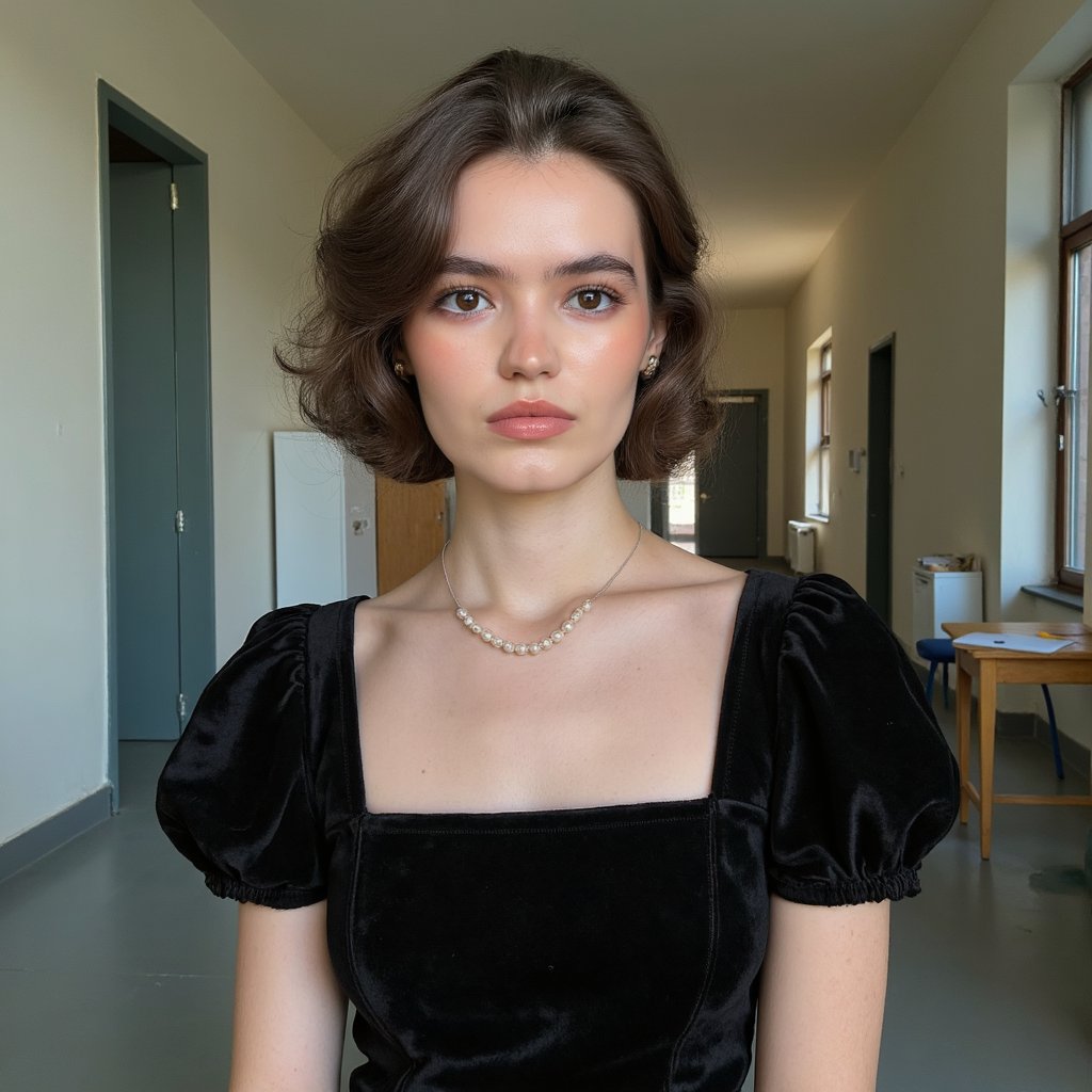 Hyperreal 1960s yearbook studio portrait of a high school senior girl, shot from the chest up with a 105mm lens. Her posture is upright, shoulders slightly angled away, chin tilted subtly downward. Hair styled in a voluminous bouffant with smooth curls tucked at the ends, a few soft flyaways near the temples. She wears a black velvet off-shoulder drape, with visible fine texture and faint light absorption in the fabric folds. A single pearl necklace rests at the collarbone, catching a faint reflection of the key light. Her skin is smooth but lifelike, with a faint natural sheen on the cheekbones and a soft pink blush. Freckles faintly visible under light studio makeup. Soft HDR lighting from the left with a fill bounce on the right, creating delicate shadow gradients under the jaw and nose. Background is seamless dark grey with a barely perceptible vignette, clean and softly blurred. Her eyes gaze directly into the lens, faint light catch creating depth.