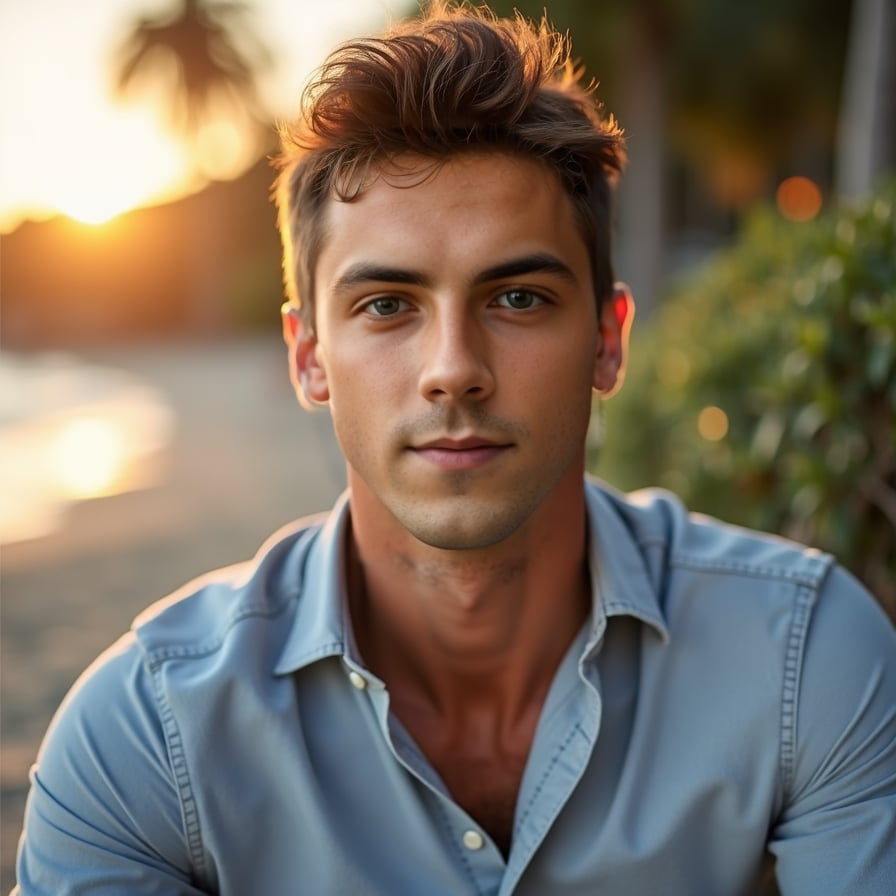 man with a warm, approachable smile. He is styled in casual yet well-fitted attire, such as a crisp shirt or sweater, and set against a natural outdoor backdrop like a park or beach at golden hour. The lighting is soft, enhancing his features and creating a confident yet relaxed vibe