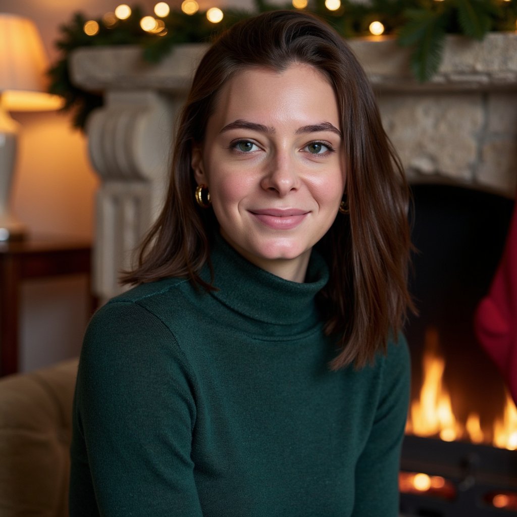 Headshot photo of a woman seated slightly angled to camera (rule-of-thirds framing, not centered), chin gently lowered, soft half-smile. She wears a deep-green cashmere turtleneck with fine ribbing and subtle pilling detail; delicate gold hoop earrings and a thin chain necklace. Hair: glossy loose waves tucked behind one ear. Makeup: warm neutral tones, soft brown liner, dewy skin, subtle highlight on cheekbones. Lighting: warm firelight key from camera-left, dim practicals in background, gentle rim light from a table lamp to separate hair from backdrop. Background: stone fireplace with a discreet garland and two matte red stockings, minimal clutter, soft bokeh fairy lights; shallow depth of field. Camera: 85mm lens, f/1.8, eye-level; highly detailed, highly realistic, HDR; skin texture natural, knits show thread grain; no motion, serene, editorial quality.