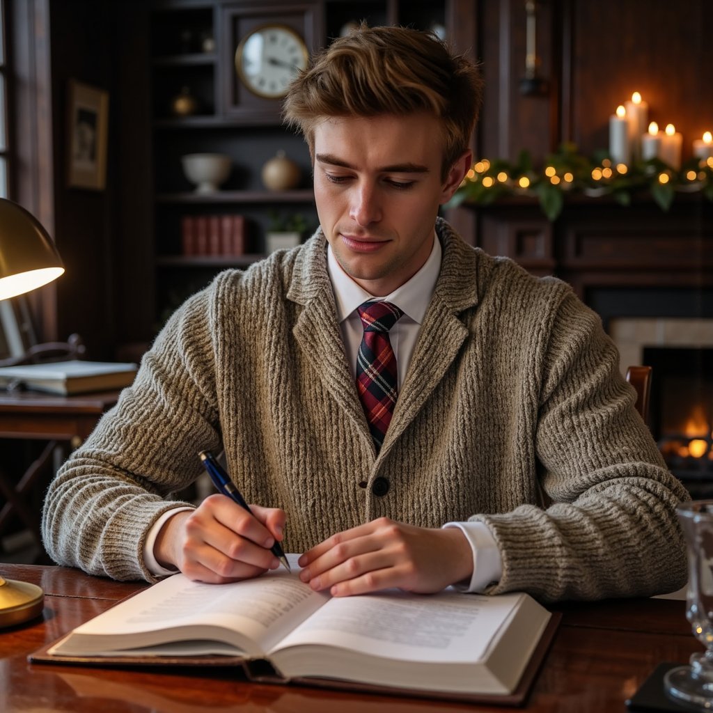 Man at a vintage mahogany desk writing in a leather-bound notebook, soft lamplight on his face. Hairstyle: side-part, slightly undone; faint stubble. Attire: thick wool cardigan over white oxford shirt, plaid tie loosened. Fabric details: wool knit definition, cotton creases, polished leather edge of notebook. Camera: side angle, 70mm, f/2.2. Lighting: single warm brass lamp key, shadows cast across hands and pages. Background: blurred bookshelves, clock, faint holiday garland—balanced composition. Pose: leaned forward, focused expression.
Render: highly detailed, highly realistic, HDR; light reflecting on ink pen, paper grain visible, lifelike ambiance.