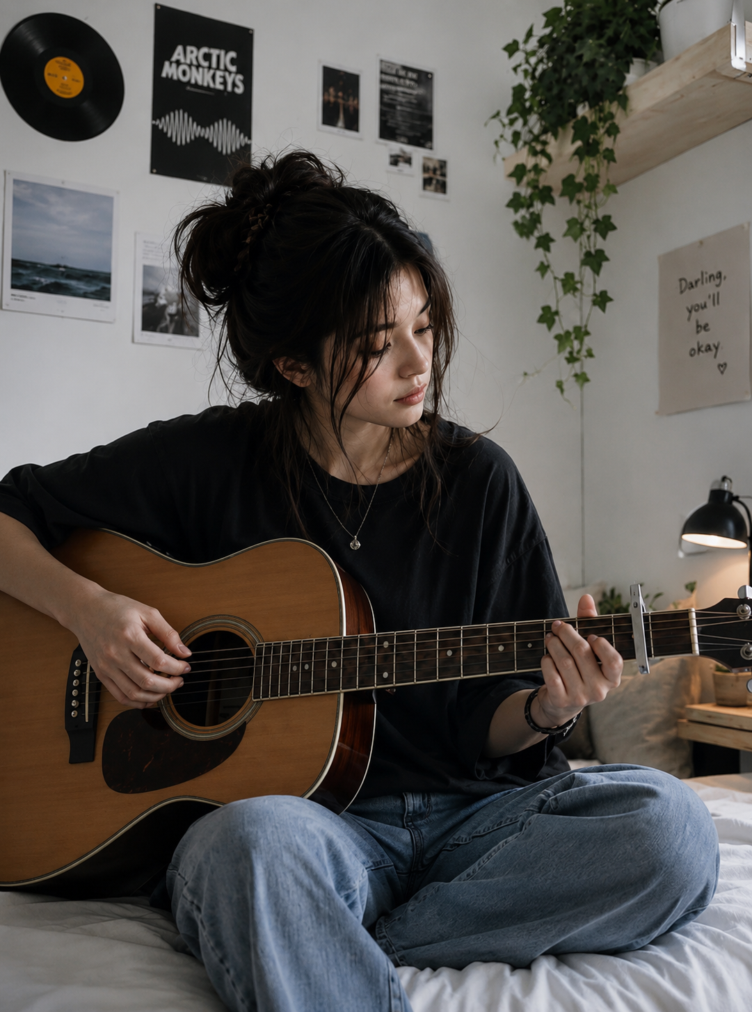 Subject sitting cross-legged on bed playing acoustic guitar, oversized black t-shirt, soft overcast daylight entering through large window, cloud-diffused natural light