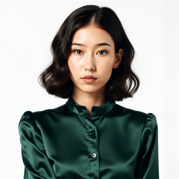 A highly realistic, highly detailed HDR professional passport photo of a woman in her early 40s. She has curly black hair styled in a neat, controlled shoulder-length look, gently pulled back to reveal facial contours. She wears a dark emerald blouse with a soft silk-like sheen. The lighting includes soft frontal illumination plus a subtle hair light behind her, adding separation from the pure white background. Background is solid-white with no shadows. Camera angle is straight and centered. Her expression is neutral, lips relaxed. The portrait captures exquisite details including the fine sheen on the blouse, the texture of individual curls, and natural skin highlights. Extremely polished and suitable for documentation.
