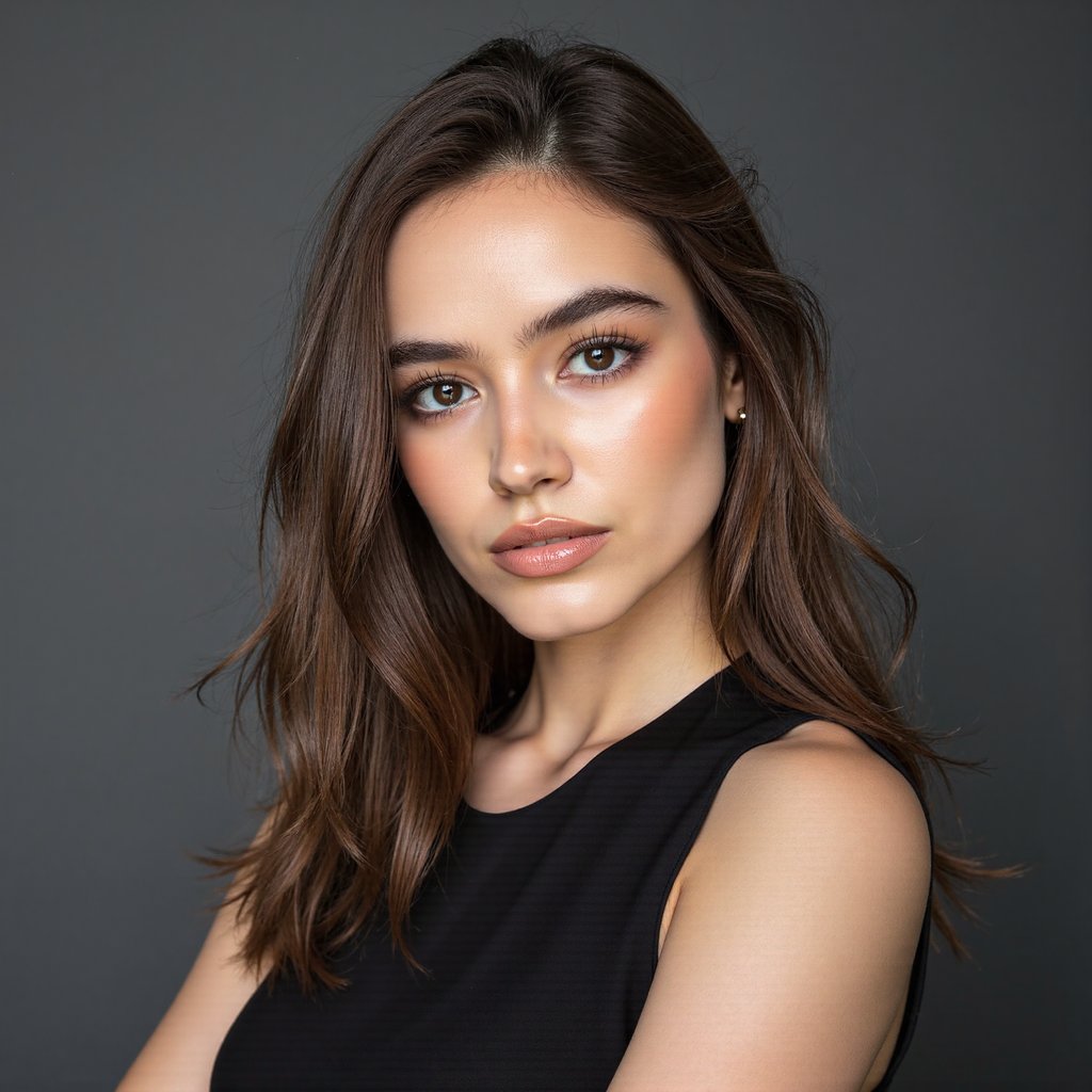 Woman in dark outfit, minimalist backdrop, professional, confident.