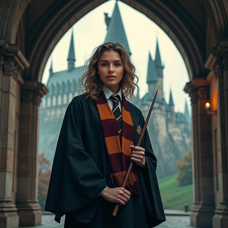 Woman in Hogwarts attire, magical castle, atmospheric fog, soft lighting.