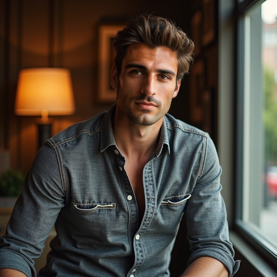 man with a relaxed vibe. He is wearing a stylish button-down shirt or knit sweater, with a warm, natural backdrop like a park or studio. The expression is friendly and confident, perfect for creators with a laid-back style