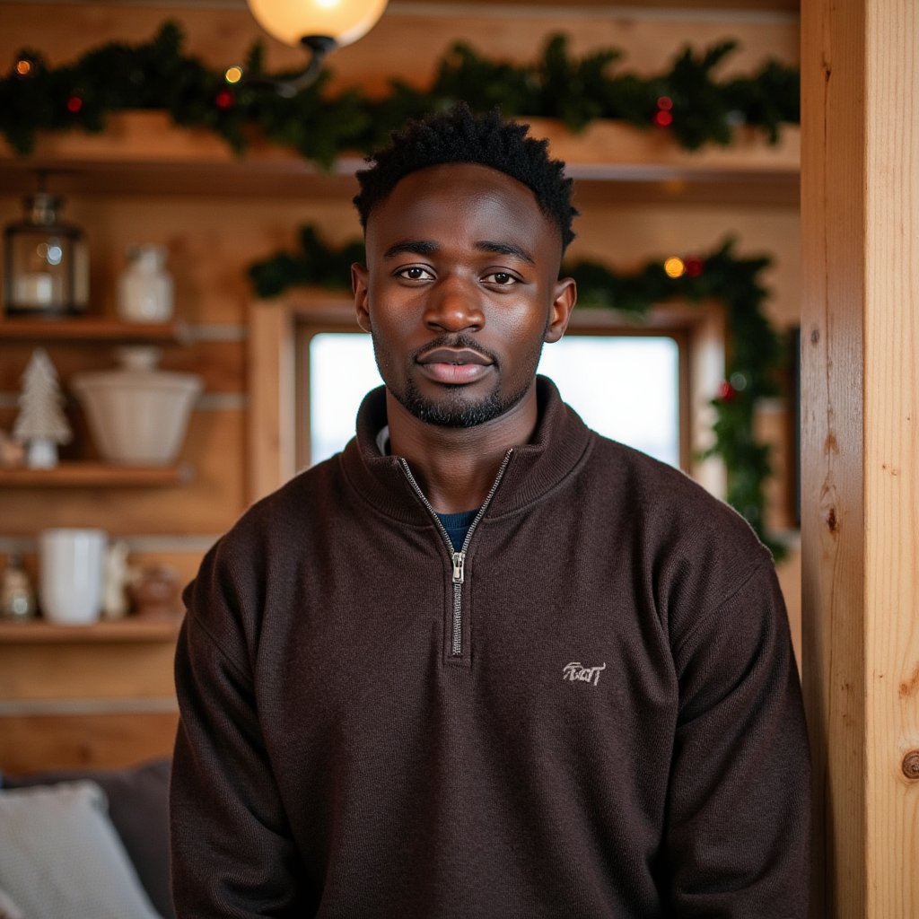 Waist-up portrait of a man inside a wooden cabin decked with subtle Christmas décor. He leans lightly against a wooden beam, hands relaxed at his sides, calm stillness. He wears a dark brown lambswool quarter-zip sweater with visible fiber fuzz, zipper glinting softly.
Hair: messy textured waves; short beard.
Lighting: warm cabin lantern light from camera-left, with a cooler outdoor window glow from behind for contrast.
Background: blurred cabin shelves with pine garland and a couple of minimal ornaments; clean, uncluttered, warm tones.
Camera: 70mm f/2, slight upward angle to add cabin grandeur; highly detailed, highly realistic, HDR showcasing wool texture and wood grain.