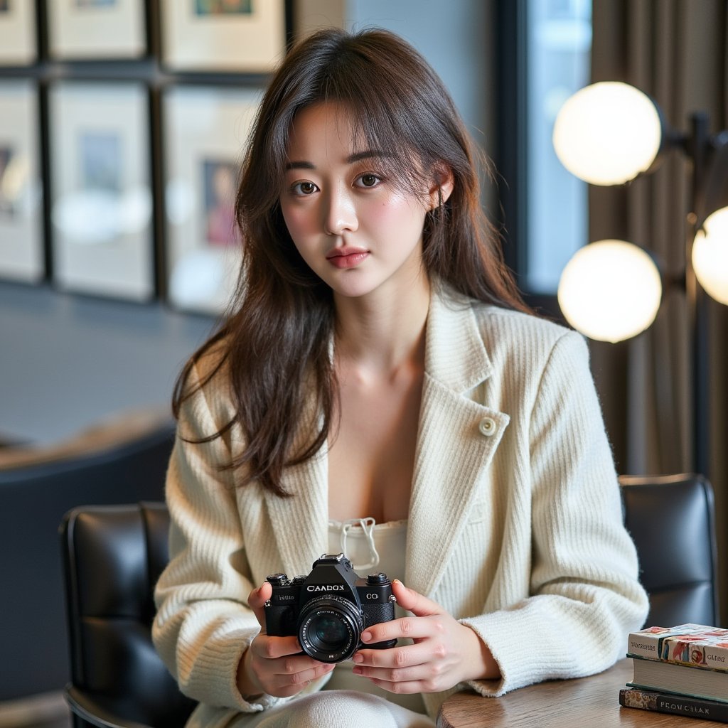 woman in an elegant, contemporary look, photographed in a scene that celebrates visual storytelling and creative expression. A vintage camera is placed as a creative prop. The background is softly blurred with gallery-inspired elements and artistic lighting accents. Studio lighting enhances her facial features with sculpted shadows and soft gradients. Her expression radiates quiet confidence and artistic energy. Hyper-detailed, HDR quality, sharp focus.