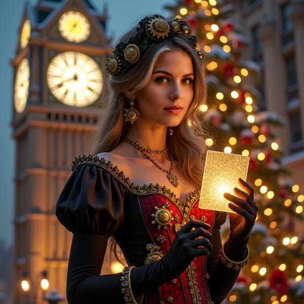 A woman in a Victorian-inspired outfit with intricate clockwork gears embedded in her corset and skirt. She holds a golden pocket watch in one hand and a glittering gift card in the other, which radiates a warm, festive glow. The grand clock tower behind her strikes midnight, and the gift card shines with the promise of a perfect Christmas, set against the backdrop of the twinkling holiday magic that fills the air