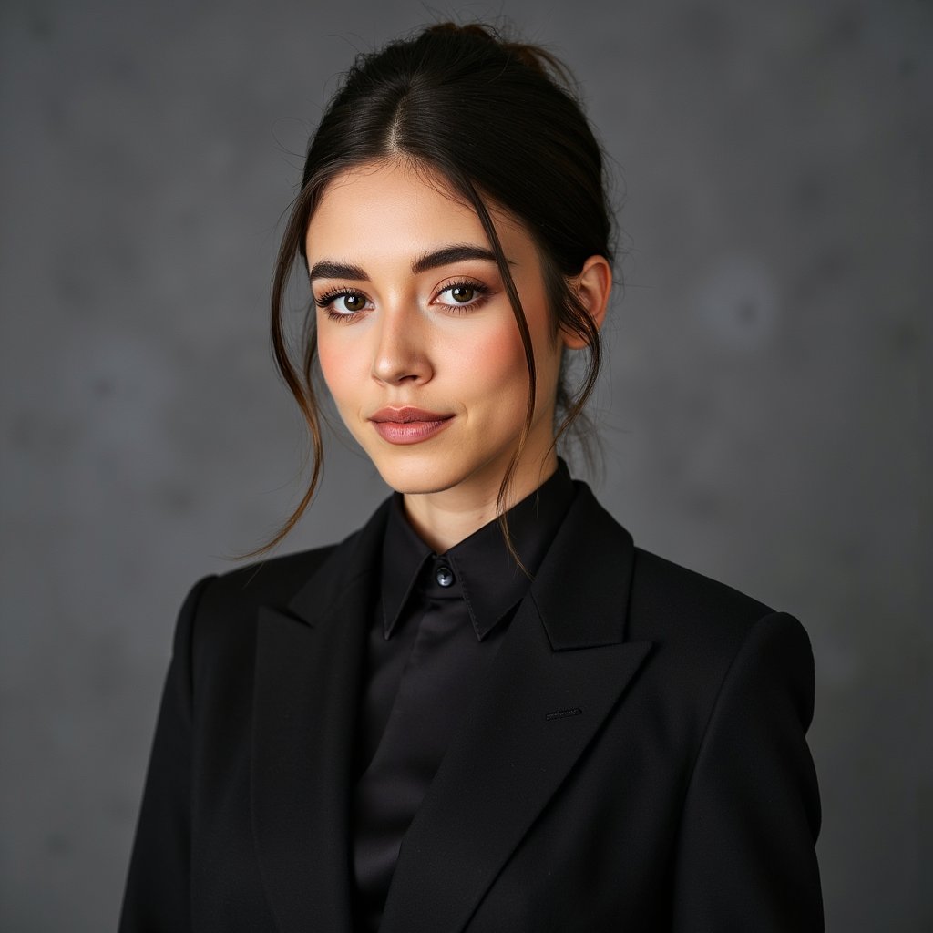 A highly realistic passport photo of a young woman, framed in a waist-up shot. She wears a tailored black blazer with a high-collared blouse, emphasizing a clean, polished look. Her hair is styled in a simple, neat updo, with a few loose strands framing her face. The lighting is soft and even, with a slight light falloff at the edges to create depth. The background is a soft gray with a minimal blur, ensuring the subject remains the focal point. The image is captured at eye level, with the camera slightly to the left, capturing her from a slight angle while maintaining a neutral, professional expression. The fabric of her blouse and jacket are highly detailed, with subtle texture visible. The shot is HDR for perfect clarity, showcasing her detailed features and clothing.
