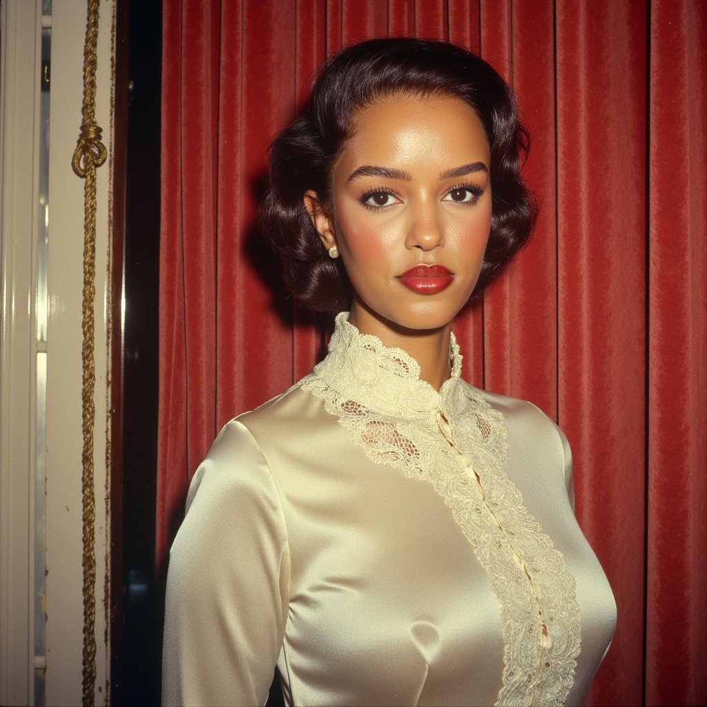 1960s yearbook portrait of a female drama student in costume, framed chest-up with a 70mm lens. She wears a high-necked Victorian-inspired blouse in cream satin with lace trim at the collar and cuffs, the fabric showing fine sheen and fold shadows under warm stage lighting. Her hair is styled in a Gibson roll updo, soft tendrils framing her face. Makeup is subtly theatrical — rosy blush on the cheeks, a thin eyeliner wing, and deep red lipstick. She gazes intently just past the camera, expression poised yet dramatic. Skin is rendered with visible fine lines at the eyes, and natural pores along the cheeks. Behind her, blurred red velvet stage curtains provide rich texture, with a faint gold rope tie visible at one edge.
