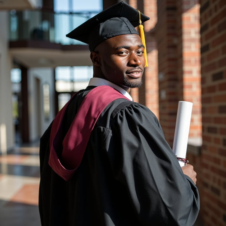 Waist-up composition of a man graduate walking slowly down a university hallway,