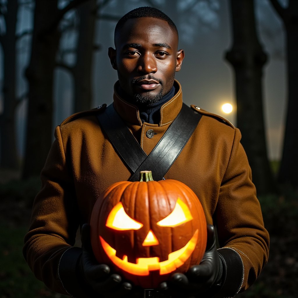 Three-quarter torso shot, slightly low camera angle, 85 mm lens, f/2.2, ISO 640, 1/125 s. Main light: lantern positioned behind and above left shoulder level, giving a strong golden rim along the top of his cavalry coat collar and upper sleeve, while leaving the front largely in shadow. Coat: thick melton wool, edges worn and frayed with tiny fiber protrusions; leather bandolier straps crossing the chest, the grain visible in rim light. He grips a carved pumpkin in both hands at chest height — the pumpkin skin showing natural waxy sheen, faint dirt smudges, and knife marks around the carved sections. The carved sections emit soft, warm candlelight that illuminates his gloved fingers from below, showing creases in the worn leather. Background: foggy forest path with tall trunks silhouetted, depth separation achieved by volumetric light scattering. Shadows fall realistically onto the coat’s lower folds and the pumpkin’s lower curve. Depth of field isolates his torso and the pumpkin, with the forest rendered in layered blur. Highly detailed, highly realistic, HDR.