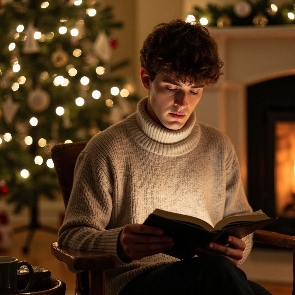 close up of a man in a relaxed turtleneck sweater and comfortable trousers, sitting in an armchair near a fireplace with a decorated christmas tree off to the side. he holds an open book in his lap, looking down at the pages with a calm, absorbed expression. a simple mug of hot drink rests on a small side table next to him. the fireplace casts a warm, directional glow across his face and hands, while the tree lights add soft highlights and subtle reflections on nearby ornaments. the background remains uncluttered, with just a hint of mantle decor and shadows. rich contrast between deep shadows and warm highlights gives the scene a cinematic, intimate feel. three-quarter portrait composition, ultra-detailed, highly realistic, hdr.