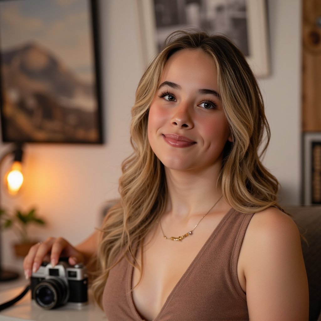 Cinematic headshot of a creative woman with a vintage film camera, soft golden backlight, candid smile, artistic tribute for World Photography Day