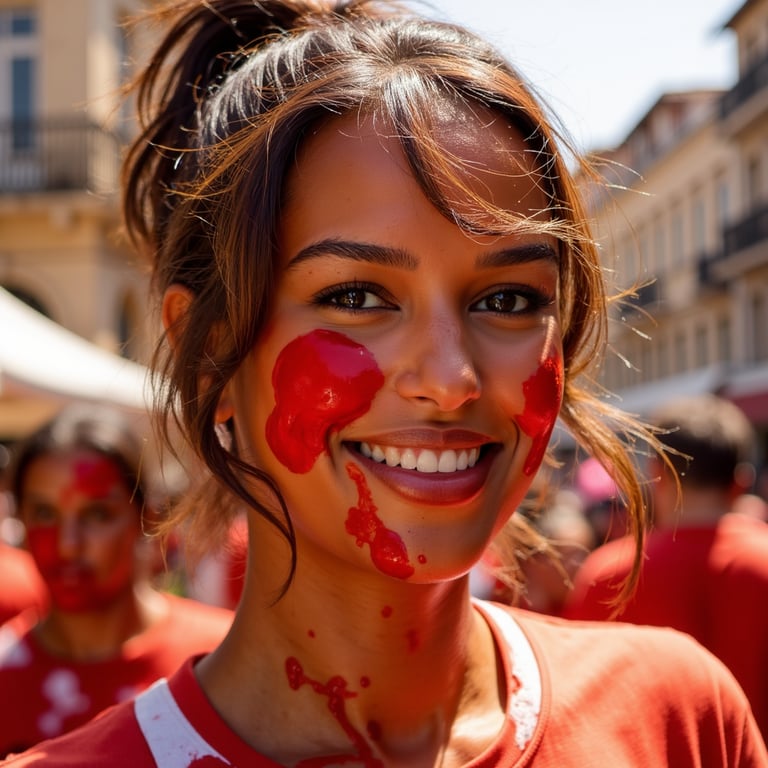 Headshot of a playful woman winking with tomato sauce smeared across one cheek, 