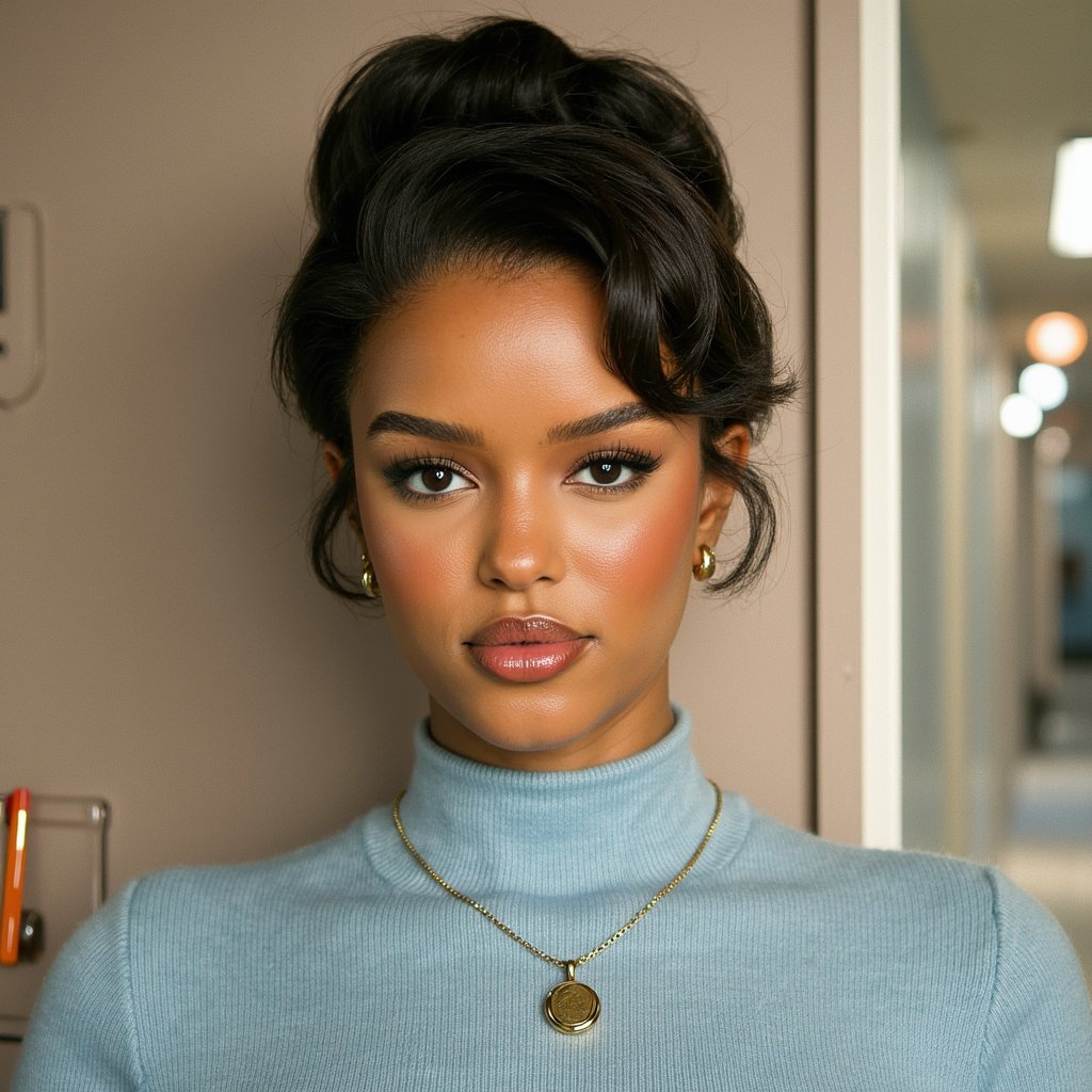 Ultra-realistic 1960s senior girl portrait, shot waist-up with an 85mm lens, shallow depth of field. She wears a fitted pastel blue wool sweater with a fine ribbed neckline, the weave visible in high resolution. Hair is styled in a high beehive, perfectly teased and pinned, with curled ends framing her jawline. A thin gold chain necklace with a small locket rests against the sweater, catching a pinpoint of light. Her eyes are hazel with natural light catch, lashes thickened with mascara, and a faint winged eyeliner. Skin shows lifelike texture — fine peach fuzz near the temples, soft freckles on the cheeks, and a natural sheen across the T-zone. Lips are lightly glossed pink, corners slightly upturned. Studio three-point lighting with a warm fill on the left, giving depth to cheek contours. Background is a smooth taupe muslin, blurred for subtle tonal gradient.