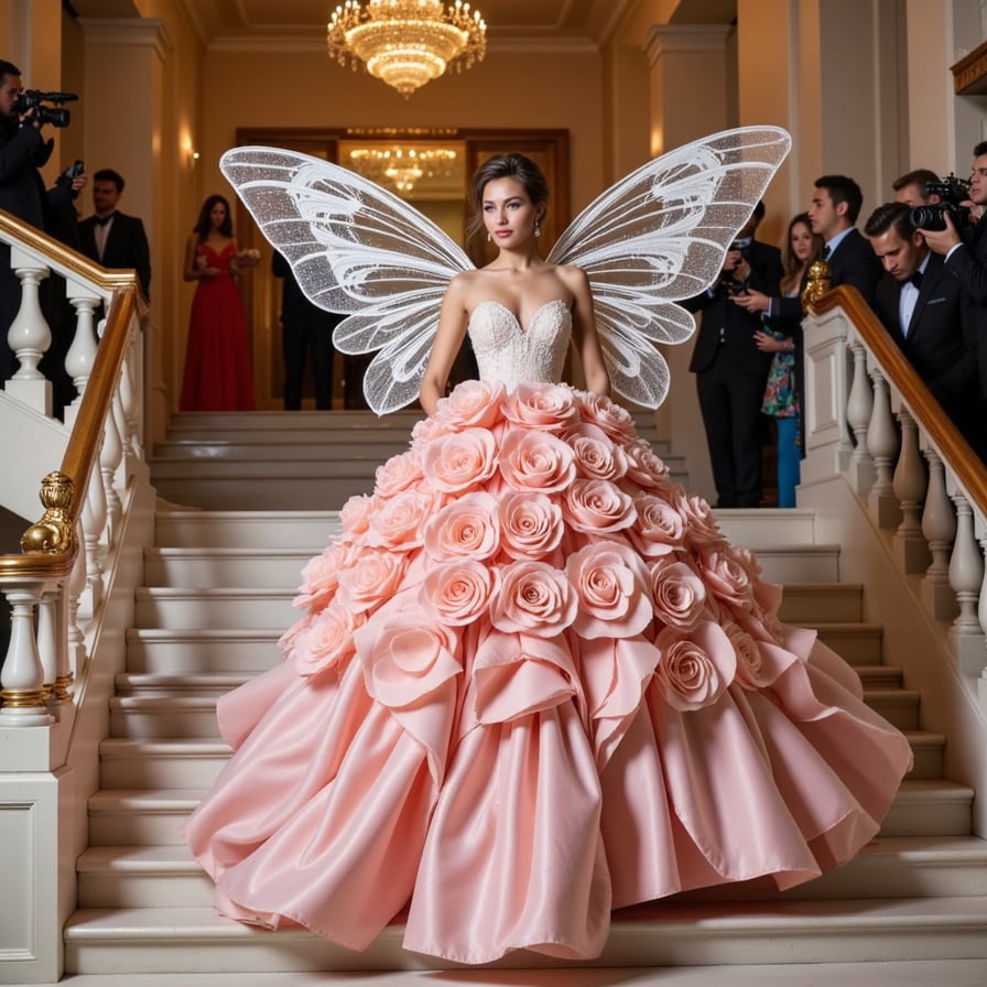 A floral explosion gown for Met Gala: oversized rose petals forming the dress structure, pastel gradients, and a butterfly-winged veil