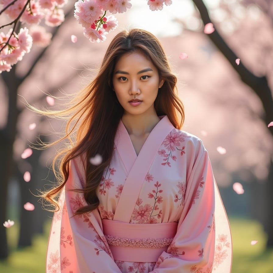 A young woman in a flowing pink kimono stands beneath a canopy of cherry blossoms, her long hair swaying in the gentle breeze. Soft sunlight filters through the petals, casting a dreamy glow on her face.