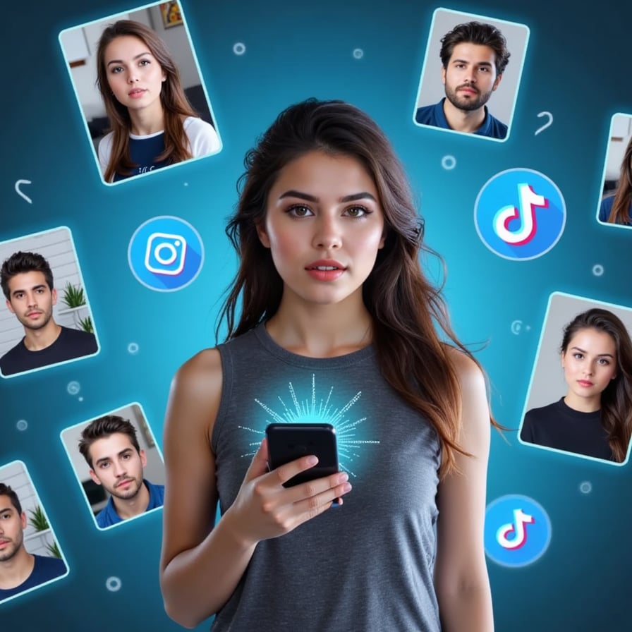 Influencer on phone surrounded by floating AI-generated images, Instagram and TikTok icons in background, clean digital aesthetic