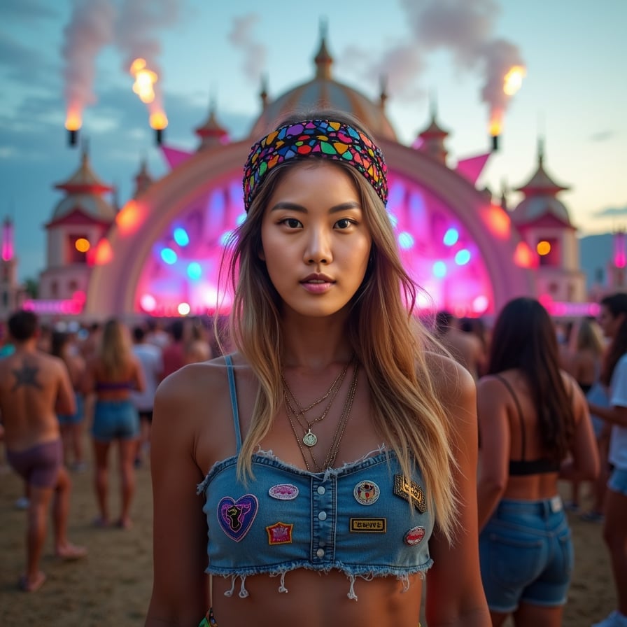 A young woman facing the camera at an outdoor music festival, dressed in bold, creative festival attire with a colorful headband and glitter on her cheeks. Behind her is an elaborate, fantasy-themed stage filled with laser lights and holograms, while people around her dance under a sky lit with fireworks and smoke effects, capturing the magic of the moment