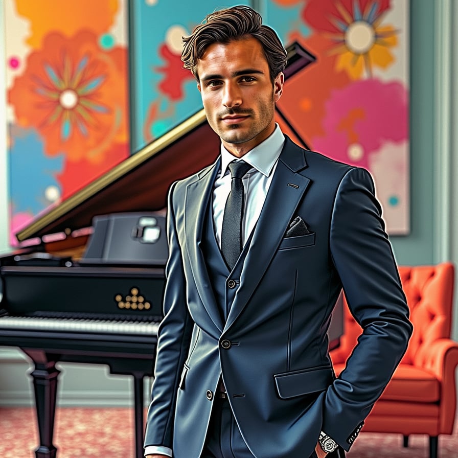 man wearing luxurious suit, surrounded by wealth and opulence, standing in a lavish living room with a grand piano and expensive artwork.
