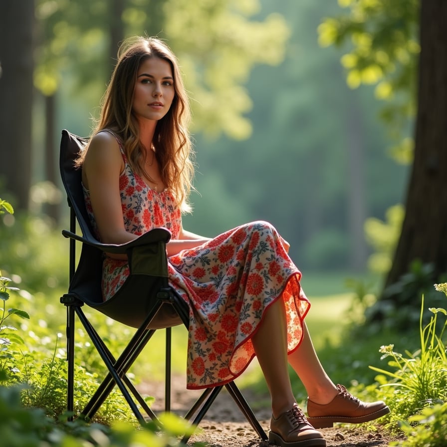 woman sitting in a camping chair, wearing a casual outdoor outfit, surrounded by lush greenery, under a clear blue sky