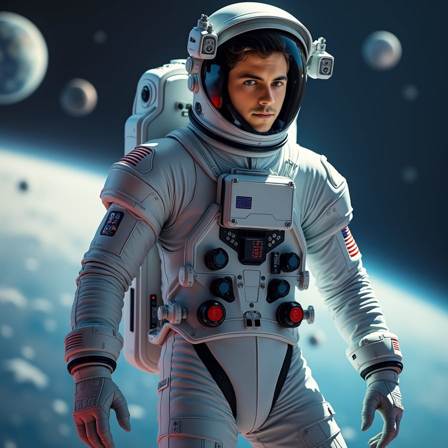 man in astronaut attire, surrounded by floating satellites and celestial bodies, against a stunning backdrop of Earth from space, with a sense of weightlessness and futuristic technology