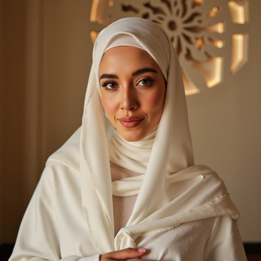 woman in a modest, graceful look, with her hair respectfully covered in a soft draped fabric. She is photographed in a warm, serene setting with soft lighting and gentle shadows that enhance her peaceful expression. The background features minimal Islamic design accents, softly blurred. Her appearance radiates quiet reverence and dignity. Hyper-detailed, soft tones, respectful styling, spiritual calm.
