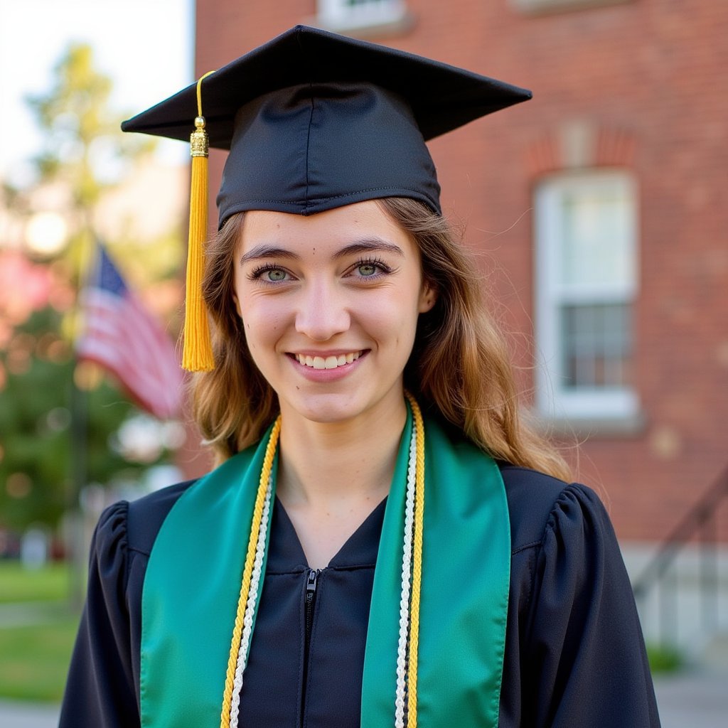 Waist-up portrait of a woman graduate on a campus quad at golden hour, shoulders angled, chin slightly lowered, soft closed-lip smile; wearing a black gown with double honor cords (gold & white) and a deep green satin stole; natural curls gathered into a low ponytail, a few tendrils framing her face; camera slightly above eye level for a flattering angle; 135mm equivalent, f/2.2, ISO 100; backlit rim light outlining the mortarboard and hair, with a large reflector in front for gentle fill; background: brick administration building, flags and spring foliage blurred into warm bokeh; texture notes: subtle stitching along the stole edge, fabric grain on the gown sleeves, tassel threads separated; minimal clutter, buttery background, skin texture preserved, highly detailed, highly realistic, HDR.